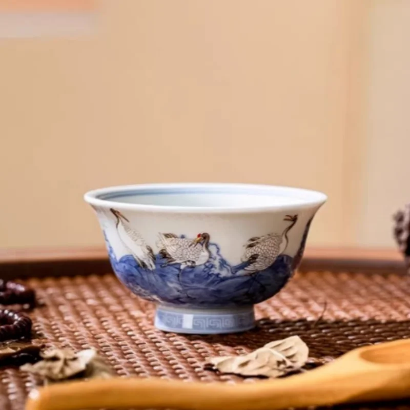 Jingdezhen Blue and White Porcelain Crane Pattern Ceramic Tea Cup - Chinese Style Traditional Teaware Desktop Ornament