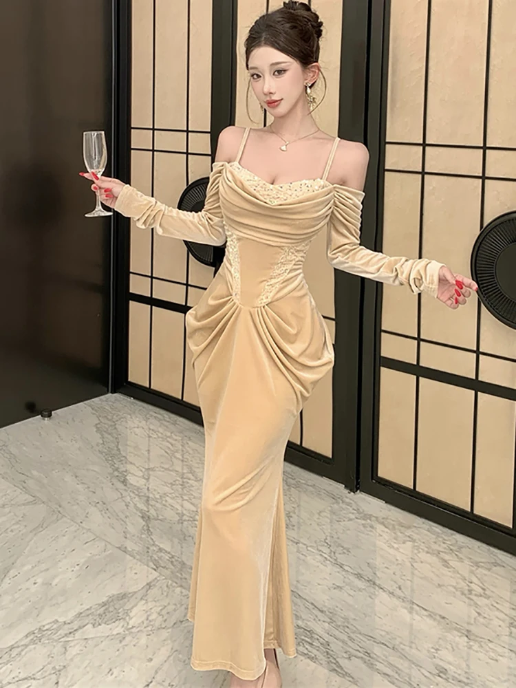 Autumn Winter Velvet Patchwork Sequins Chic Long Dress Elegant Bodycon Female Clothing 2026 Korean Vintage Festival Party Dress