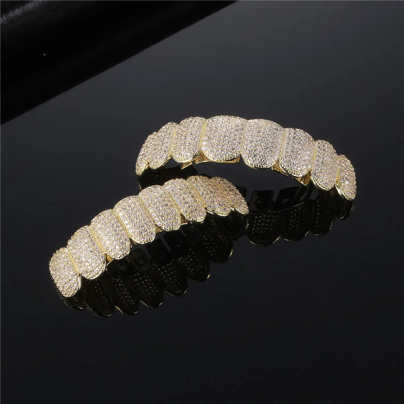 Hip Hop Fashion Iced Out Grills Teeth Set For Men Women Bling AAA+ CZ Stones Paved Copper Dentist Decor Cosplay Teeth Jewelry