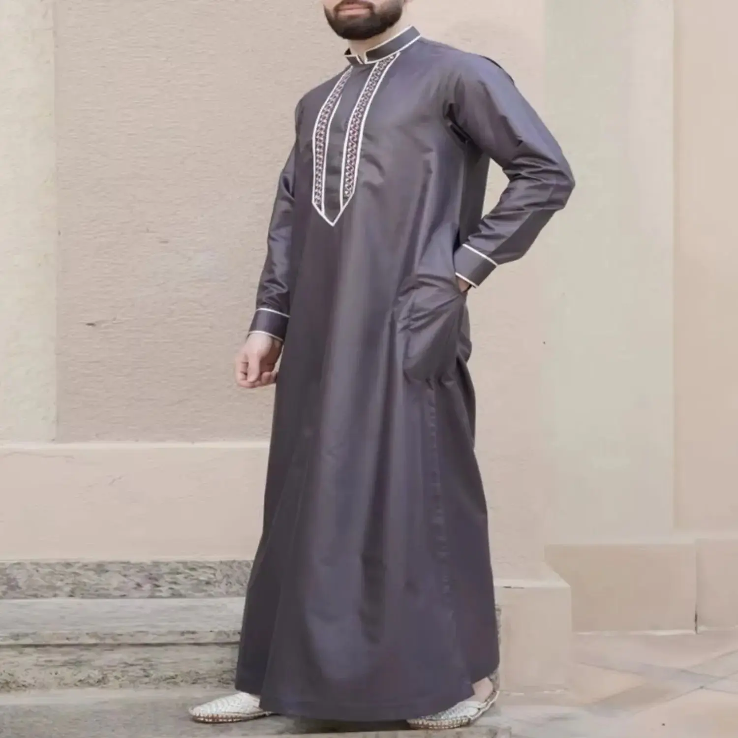 UNI Pria Muslim Baru Bordir Tangan Formal Mewah Lengan Panjang Kerah Berdiri Abaya Thobe Gaya Arab Saudi Gamis Pria Islami