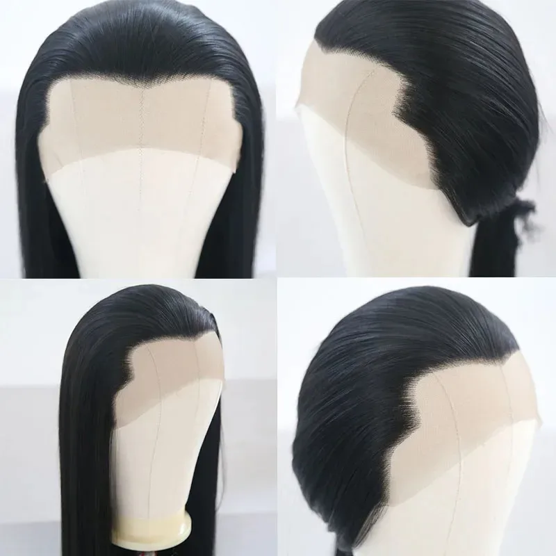 AIMEYA Free Part Black Front Wig Long Silky Straight Synthetic Lace Wigs High Temperature Hair for Men or Women Cosplays;3,k8't,