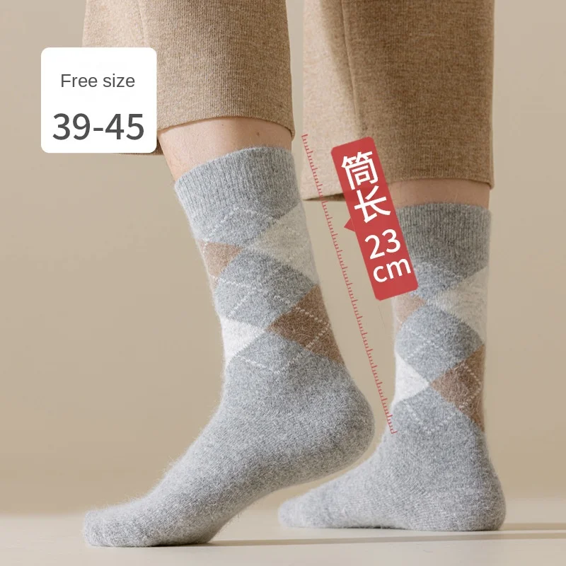 Sock Leisure Athletic Sports Crew Dress Rabbit Fur Cashmere Fleece Retro Checkered Thickened Warm Winter Extended Men B8W139