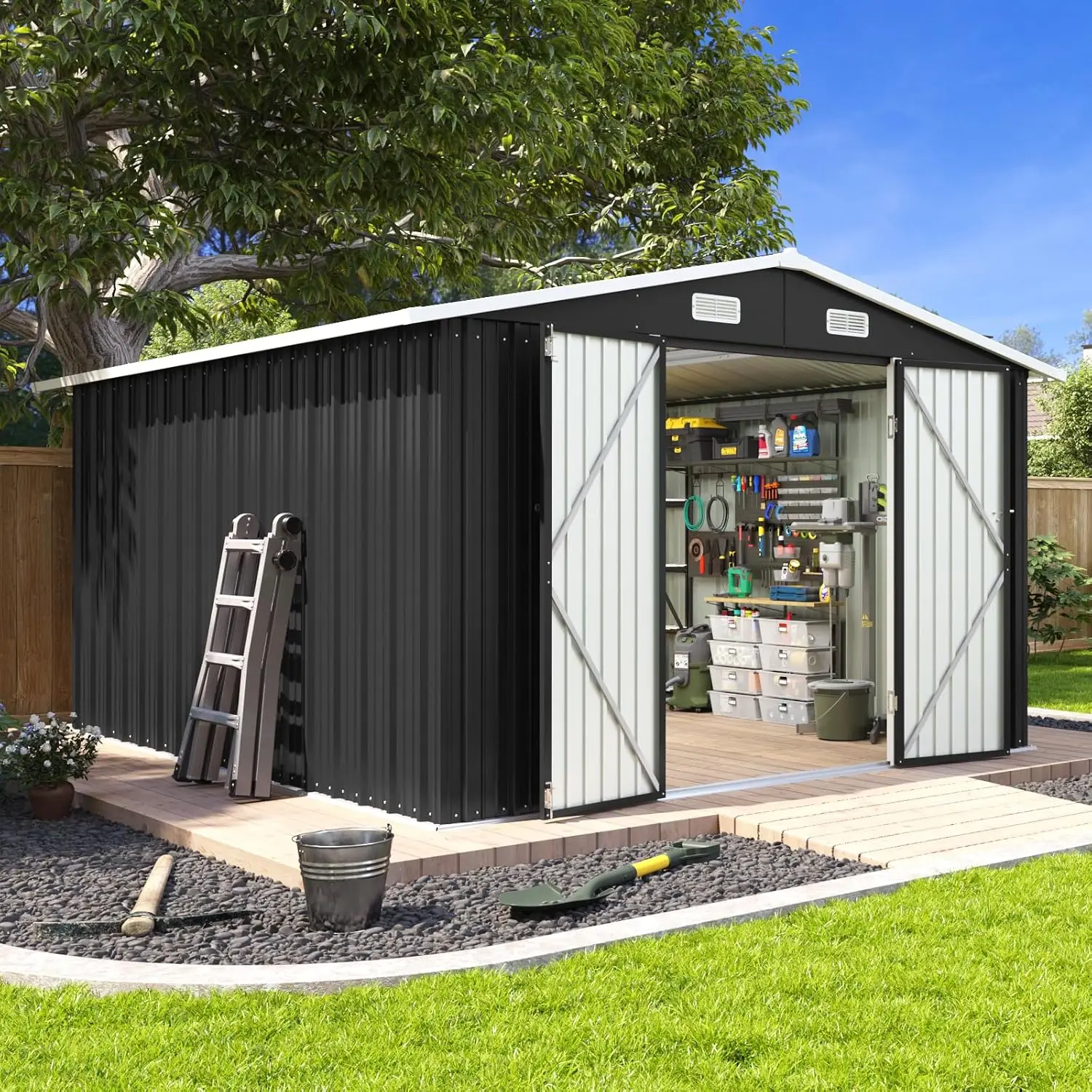 

10x12FT Outdoor Storage Shed Double Hinged Large Lockable Door Sloped Roof Metal Garden Backyard Patio, Customized