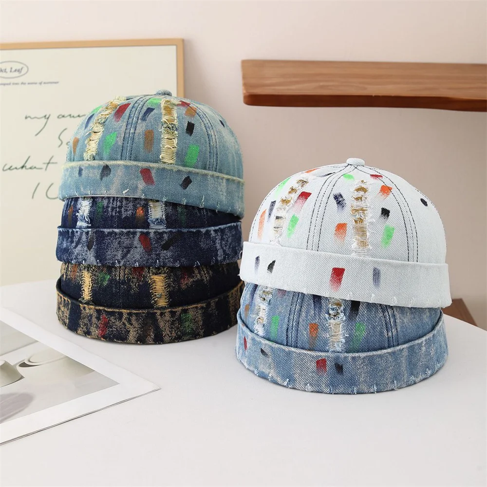 Vintage Distressed Denim Docker Cap für Herren und Damen – Retro Washed Miki Mütze mit farbenfrohem Graffiti-Print – Streetwear Brimless Beanie