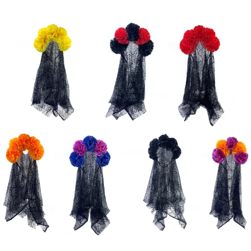 Spooky Halloween Chrysanthemum Headgear and Black Mesh Shoulder Wrap Headwear