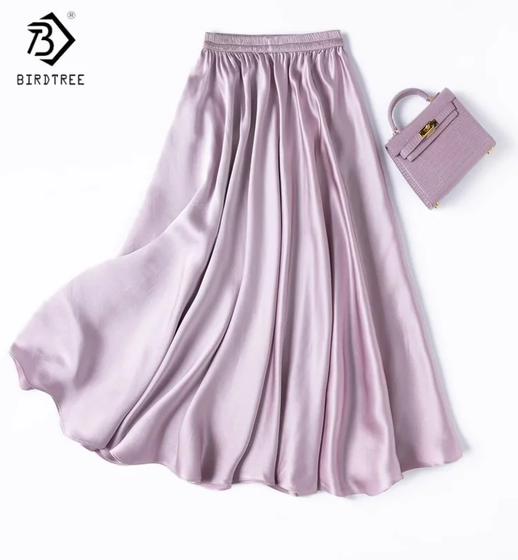 

Birdtree Summer 21MM 100% Mulberry Silk Skirt,Women Plain Satin Slant Cut Elastic Waist Elegant Solid Color Loose Dress D56203JF