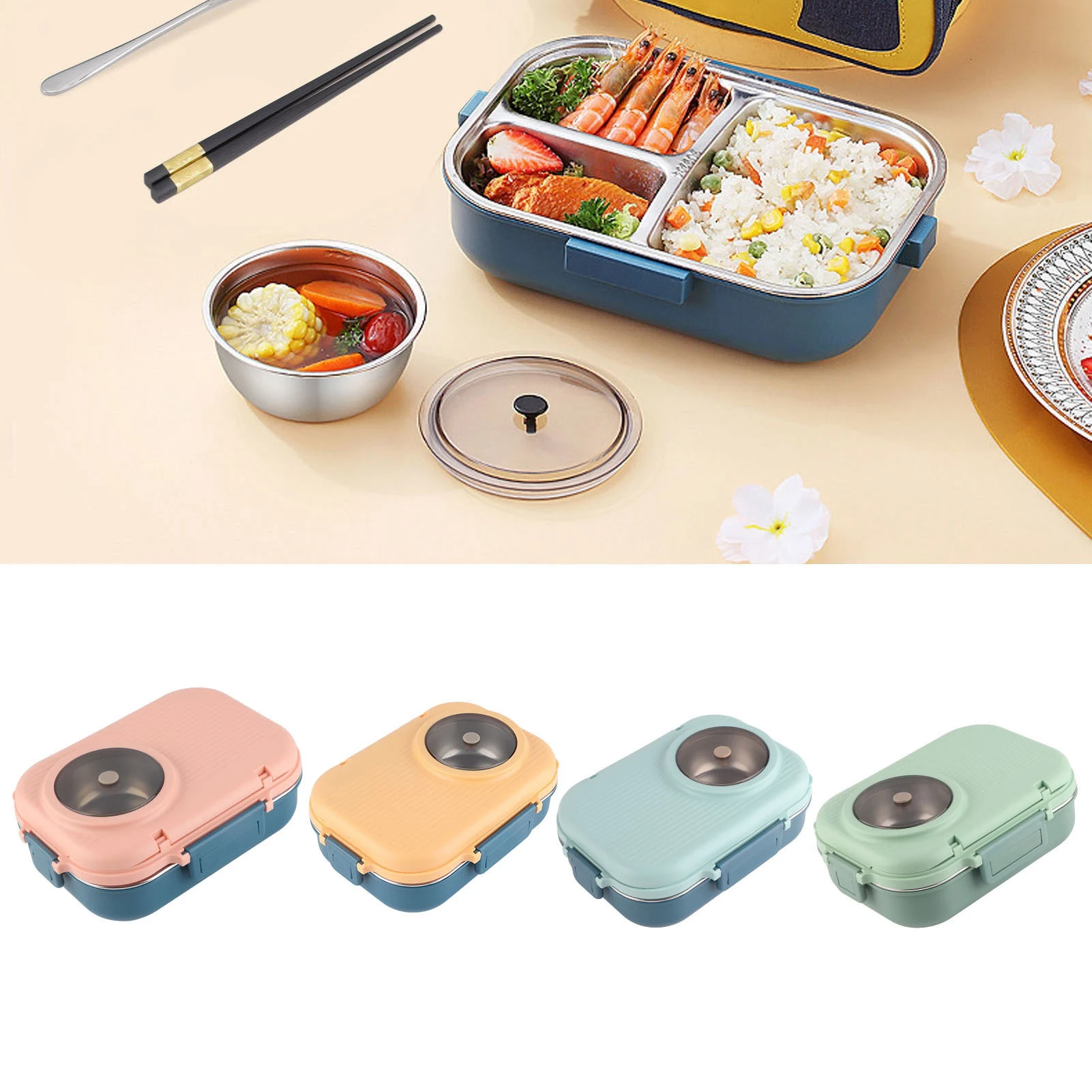 Lunchbox, Thermo-Lunchbox, 1100 ml, doppelschichtig, 3 Gitter-Design, 304 Edelstahl-Box mit Essstäbchen, Löffel, Suppenschüssel