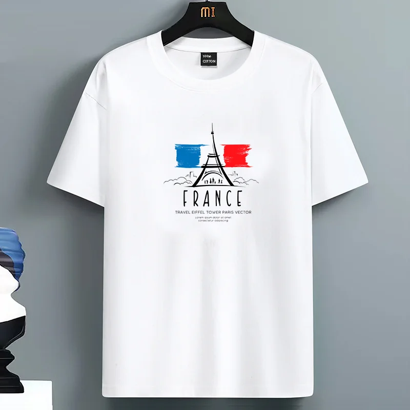 

2025 France PARIS Print Men's Summer Basic Vintage Casual Pure Cotton Oversized T-shirt Streetwear Casual Fashion Style Clothing