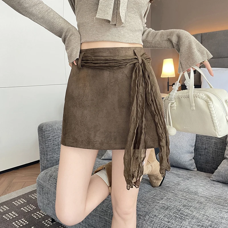 Retro American Style Suede Skirt for Women Wrap Body High Waist Commuter Style Short Skirt with Silk Scarf Autumn Winter...
