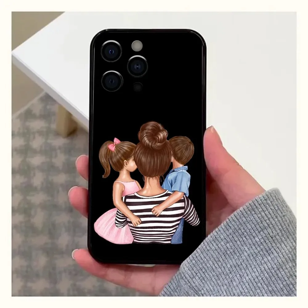 Beautiful Mother Daughter Son Phone Case For Apple iPhone 15,14,13,12,11,Pro,X,XS,Max,XR,Plus,Mini Soft Black Cover