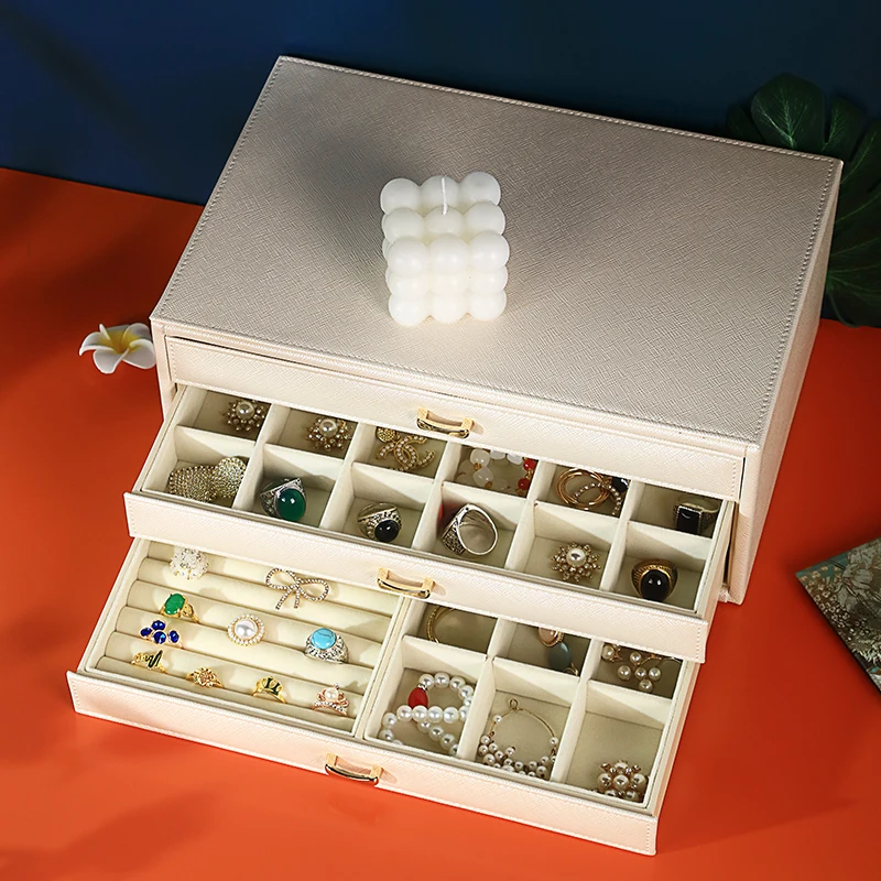 3-layer Jewelry Organizer PU Leather Storage Box for Ring Earring Necklace Bracelet Collection