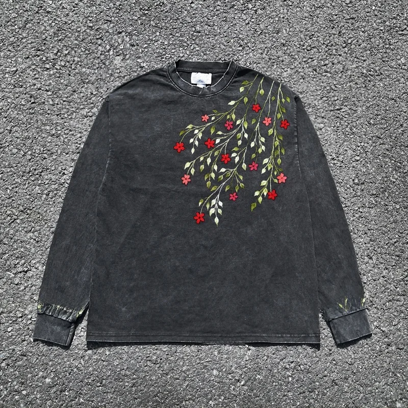 Wang Studio Embroidered Long Sleeve T-Shirt Men's Women's Couple Washed Style Vintage Feel High-End Patchwork Design