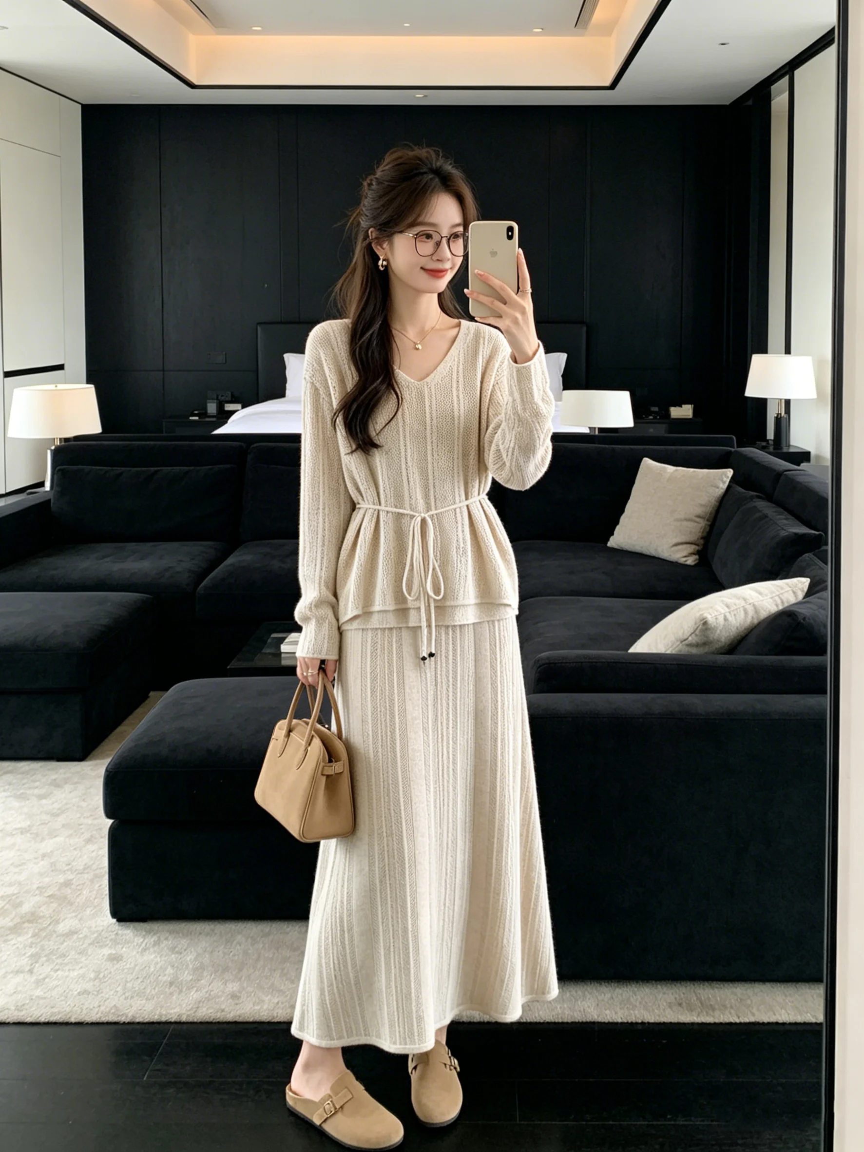 

Korean Style High Waist Knitted Vest And Skirt Set with Belt Long Sleeve V-Neck Spring Summer Casual Fashion Women's Ensemble