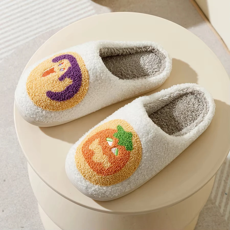 Women's Slippers Halloween Cute Pumpkin Cookies and Funny Witch Winter Indoor Warm Soft Sole Anti-slip Comfortable Bedroom Shoes