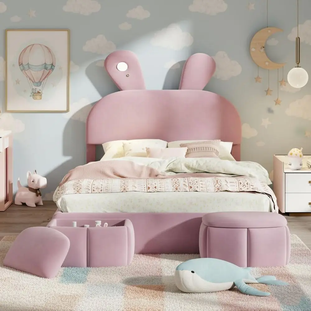 

Upholstered Rabbit Ear Platform Bed with LED, Storage Stools, No Box Spring Needed, Pink