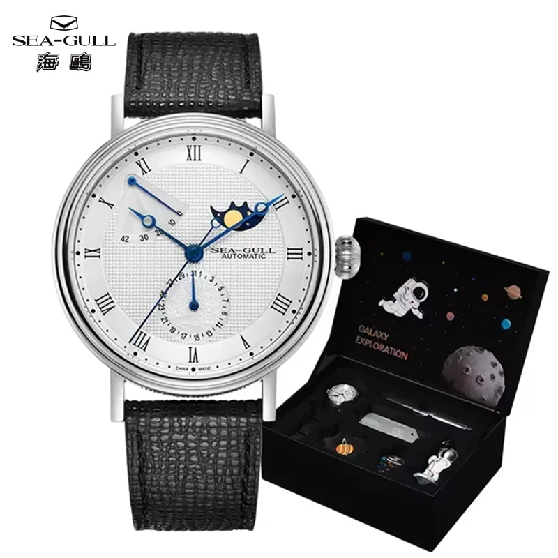 Reloj de pulsera Seagull para hombre, reloj de pulsera de cuero con fase lunar, relojes mecánicos automáticos de lujo para hombre, resistente al agua hasta 50M, reloj 6092