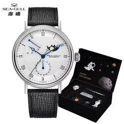 Seagull Men's Business Wristwatch Moon Phase Leather Luxury Automatic Mechanical Men's Watches 50M Waterproof Relogio 6092