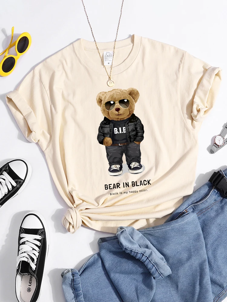 Teddy Bear In Black That Is My Happy Color T-Shirts Vintage Short Sleeve T-Shirt Hipster Creativity Tshirt Summer Women Tshirts