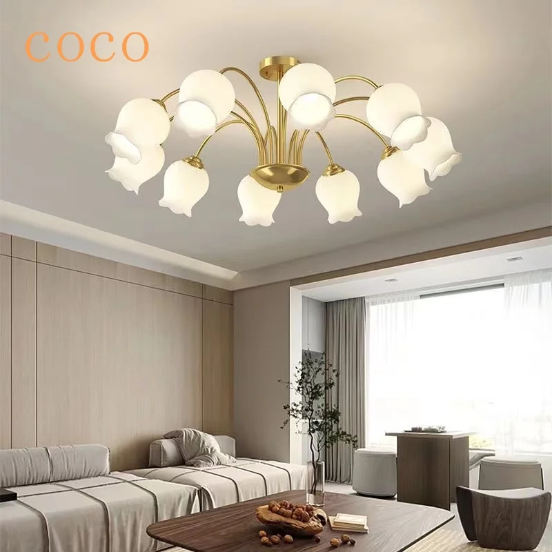 

New Products American Glass Chandelier, All Copper Living Room Lamp, Villa, European Chandelier, Restaurant, Pure Copper Lamp