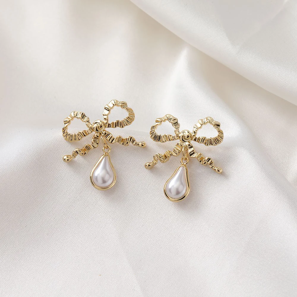 2PCS 14K Gold Plated Bow With Hole Silver Needle Sweet Cool Girl Copper Jewelry DIY Earring Stud Material Accessories