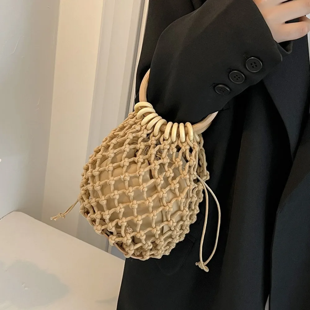 

Portable Weaving Straw Woven Handbag Handmade Korean Style Bucket Tote Bag Elegant Solid Color Woman Wrist Pack Summer