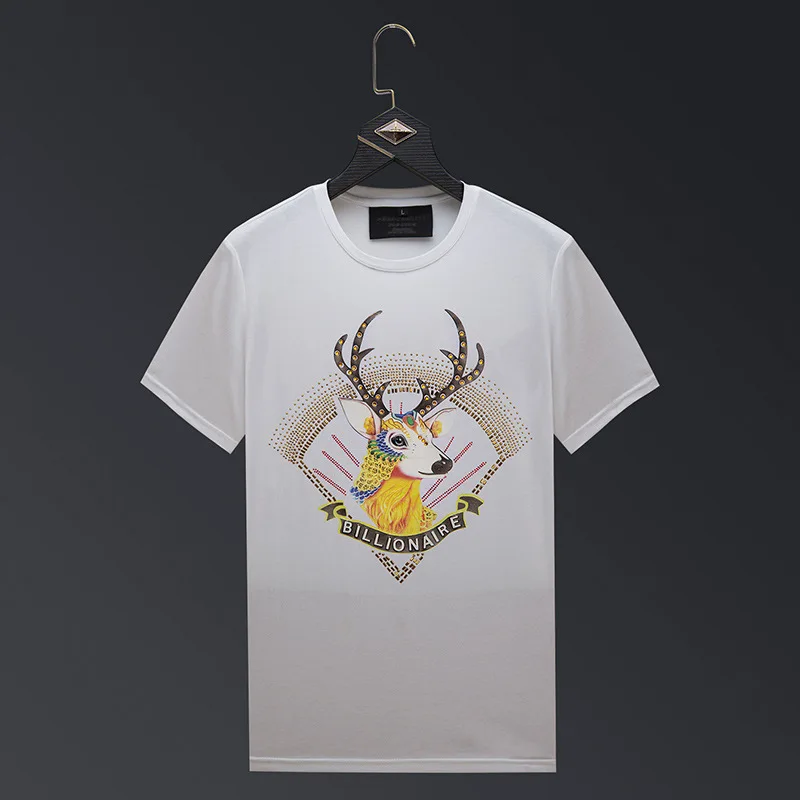 2024 Deer Rhinestones T Shirts Men Brand Fashion Top Streetwear O Neck Short Sleeve Slim Modal Cotton T-shirt Man Plus Size 6XL