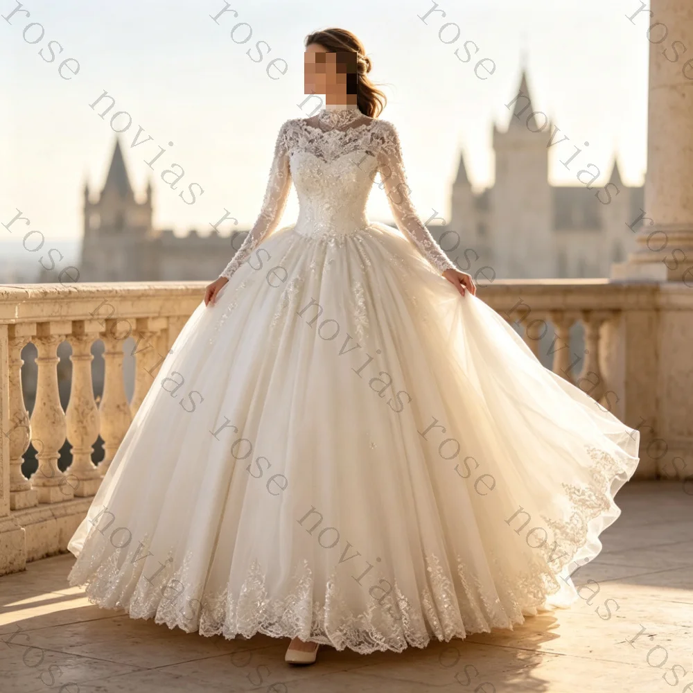 Customized High Neck Long Sleeve Lace Ballgown Wedding Dresses Sparkle Tulle Floral Lace Hem Princess Long Train Bridal Gowns
