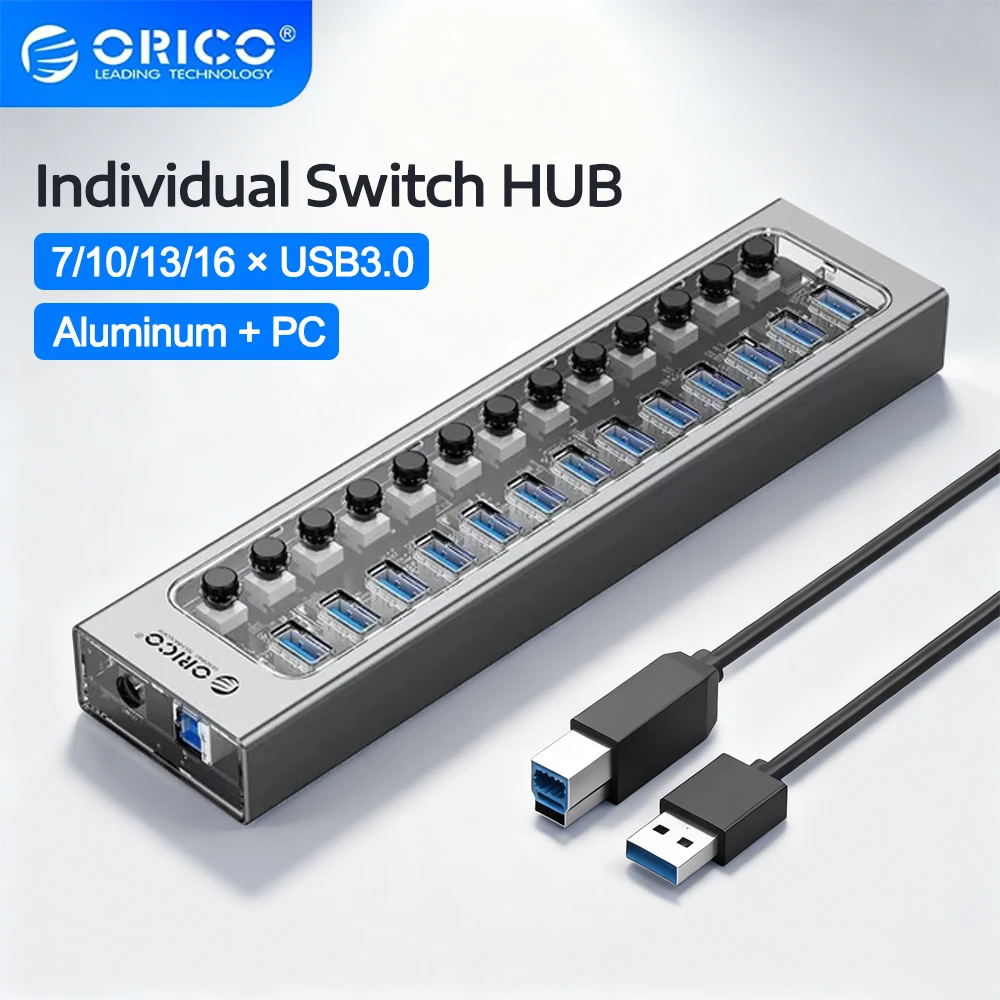 

ORICO USB HUB 7-16 Ports USB3.0 Splitter 5Gbps with Individual Switch Power Adapter for PC Laptop USB Extender USB-B Docking