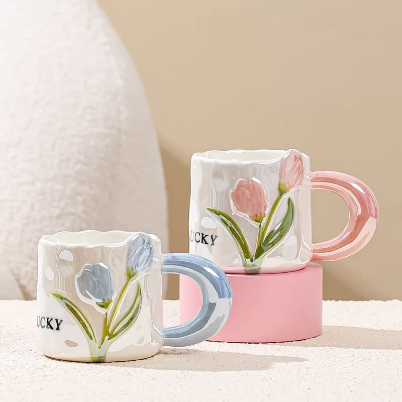 

Hand-painted Pearl Glaze Mug Flower Ceramic High Appearance Level Coffee Mug Set Afternoon Tea Milk Cup Household Product Gifts