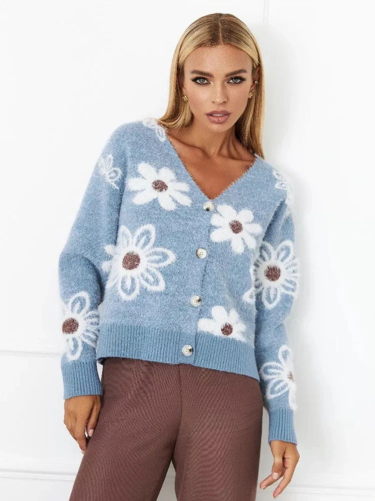 

Осень-зима 2022, новый женский элегантный вязаный свитер, однобортный жаккардовый свободный кашемировый кардиган с принтом