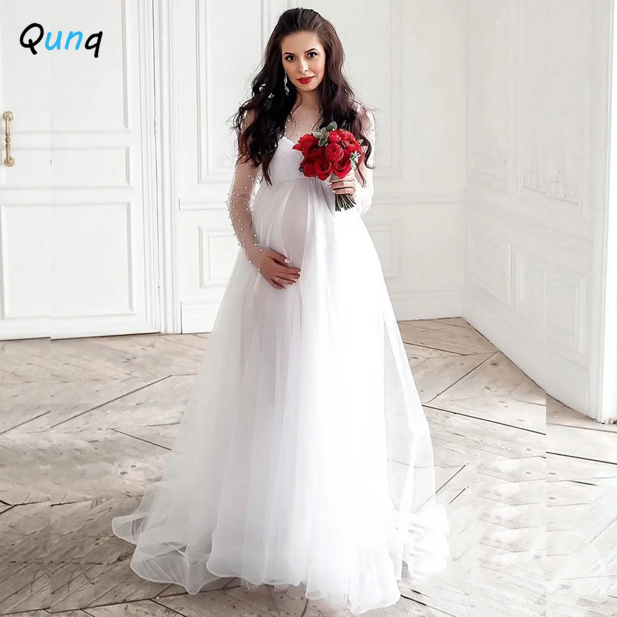 

Qunq 2023 Summer New Pregnant Women Wear Long Sleeve Bead Mesh Splicing Sweet Elegance Loose Maxi Dress Casual Maternity Clothes