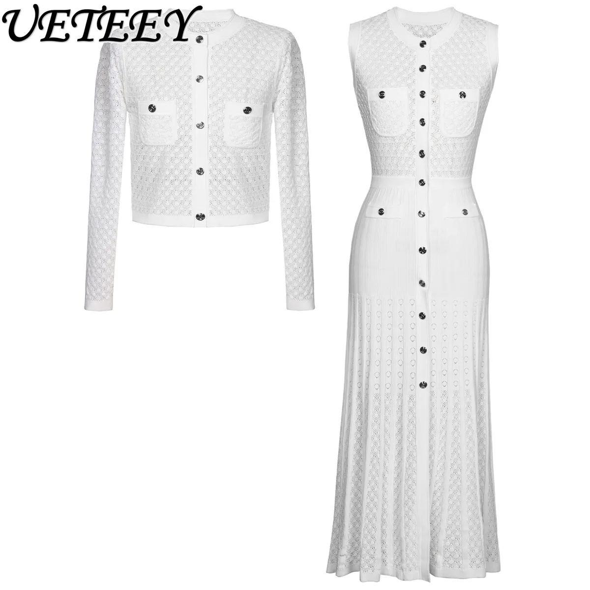 

Высококачественный летний комплект: новинка — ажурный вязаный топ с длинными рукавами и облегающее платье без рукавов с завышенной талией