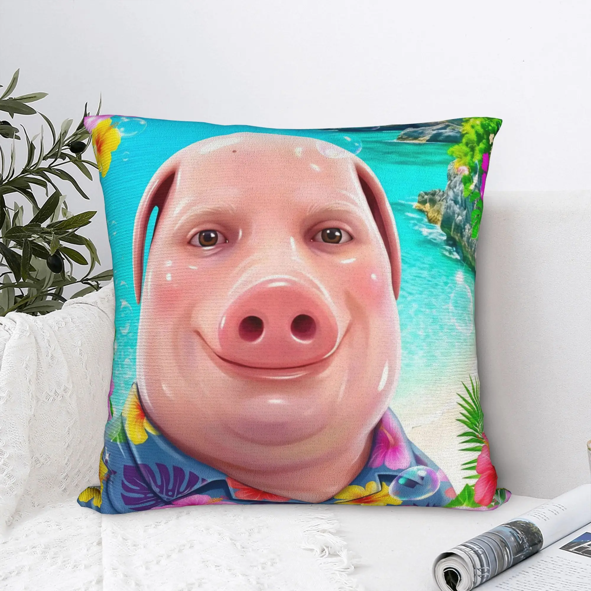 Hawaii John Pork Smiling Beach Square Pillow Case Pig Lover Cushion Covers Funny Decor Throw Pillow Case Cover for Car 45x45cm
