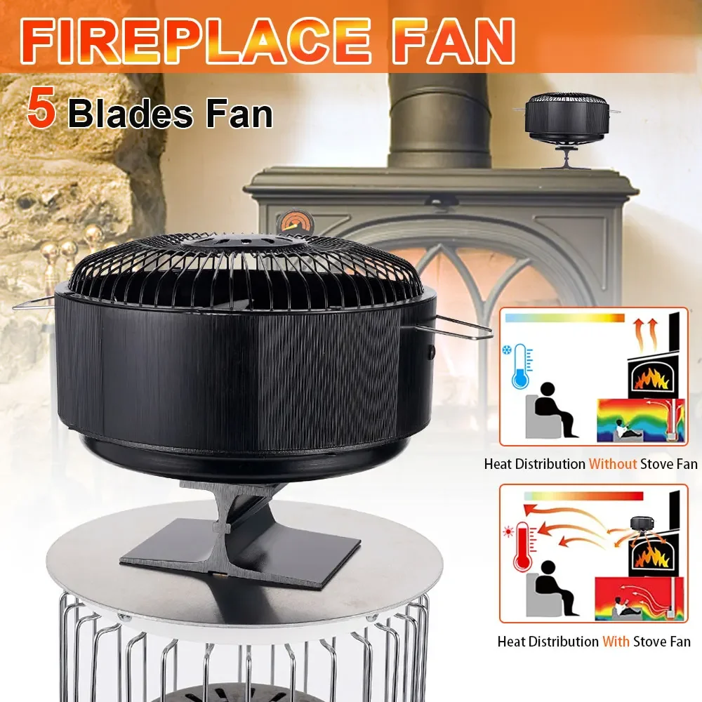 Ventilador de chimenea de pie libre, 5 aspas, negro, alimentado por calor, estufa, quemador de leña, Eco silencioso, distribución eficiente del