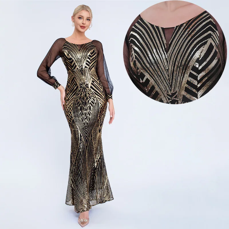 

High-end Light Luxury Long-sleeve Evening Fashionable Long Mesh Patchwork Sequin Mermaid Wedding Party Dress Banquet Gown