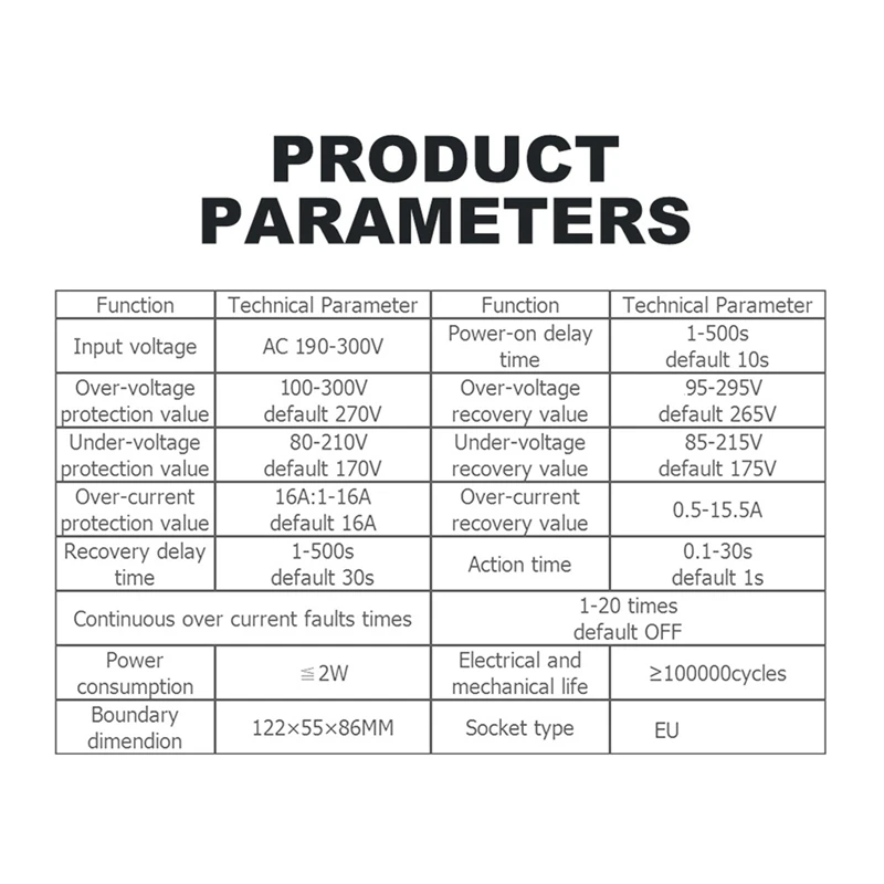 TOMZN TOSVA-16 Reclosable Voltage Current Protector Socket Adjustable 16A Power Surge Protector EU Plug Socket