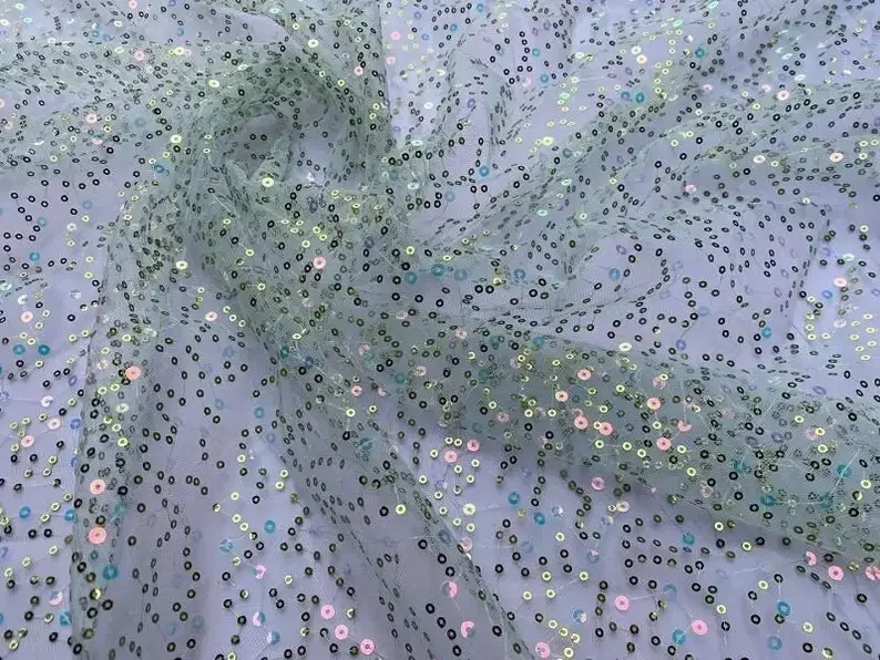 3 Colors colorful sequin Embroidery Lace Fabric sequin Pink green beige tulle fabric For Bridal Wedding   Fabric 51" width