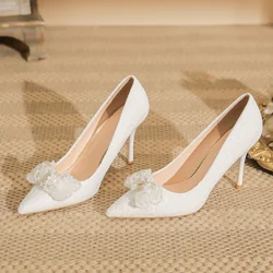 Women Lace Bow Tie Stiletto Heel Pearl Wedding Shoes Bride Thin High Heels White Pumps Pointed Toe Dress Party Shoes