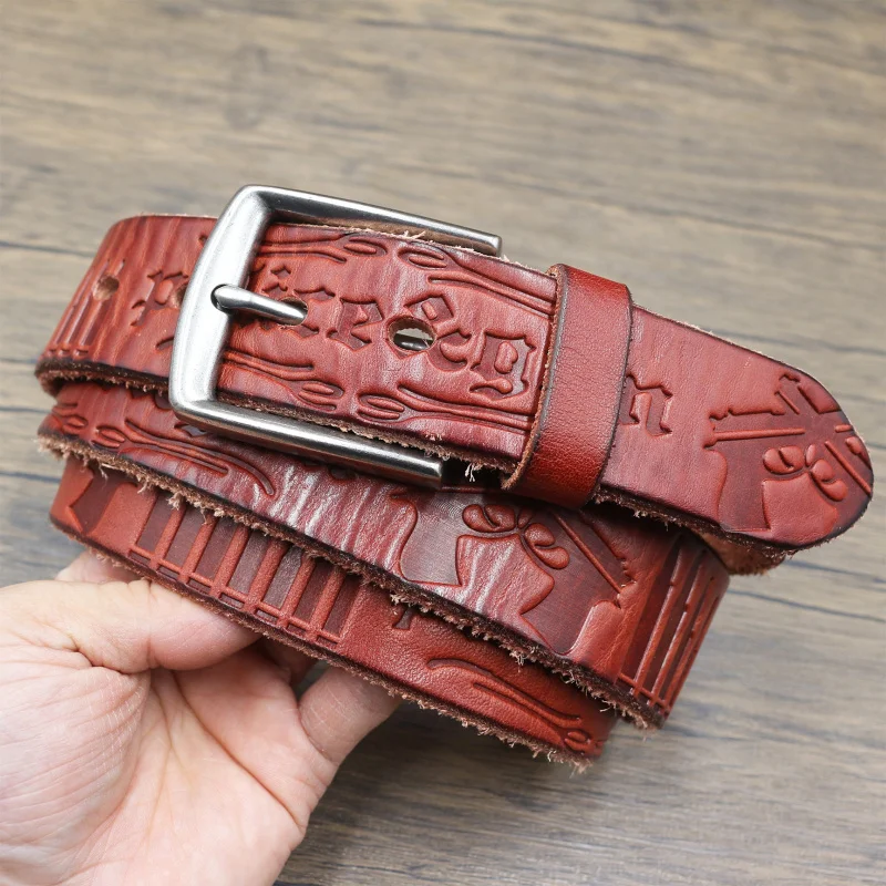 

Western Gun Letter Embossed Cowhide Leather Pin Buckle Men Belt with Jeans