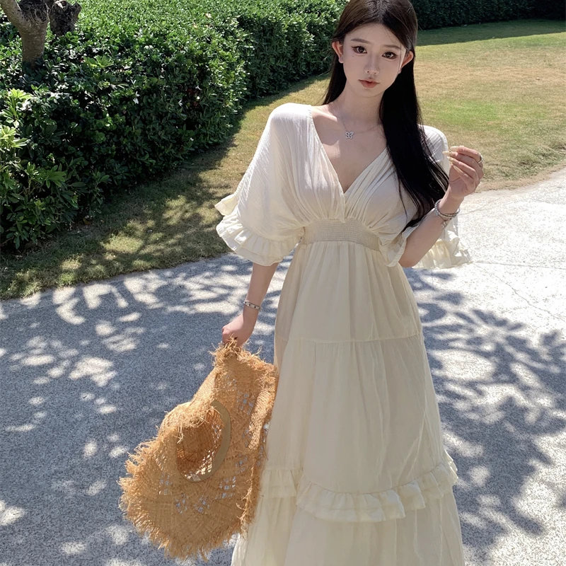 

Французское винтажное элегантное длинное платье с рюшами для женщин, с V-образным вырезом, коротким рукавом, завышенной талией, летнее пляжное платье в стиле бохо, женская одежда