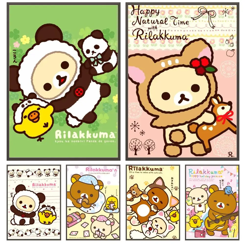 Niedliches Cartoon-Anime-Rilakkuma-Klassiker-HD-4-Poster, vielseitige, wasserfeste HD-Wandkunst, selbstklebende Dekoration für jeden Raum, ideales Geschenk