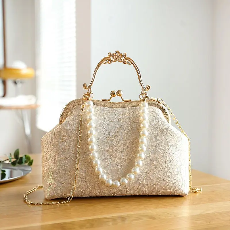 Vintage Classic Lace Bag Beads Wedding Shell Lock Bags Women Shoulder Crossbody Bag Chain Women\'s Handbags Purses