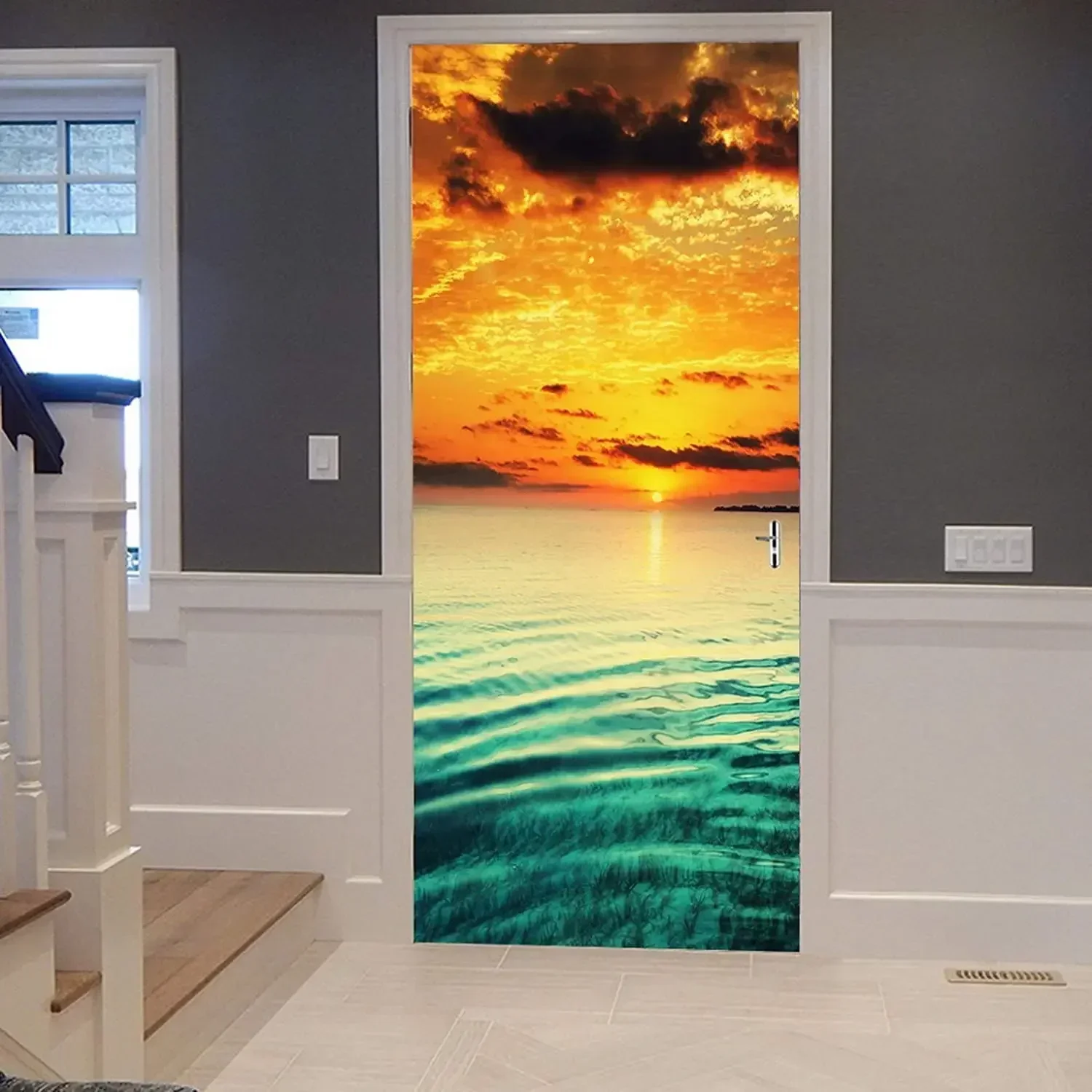 3d Waterfront Sunset Door Decal Ocean Landscape Decal Natural Ocean Landscape Mural Poster Wallpaper Family Bedroom Decoration