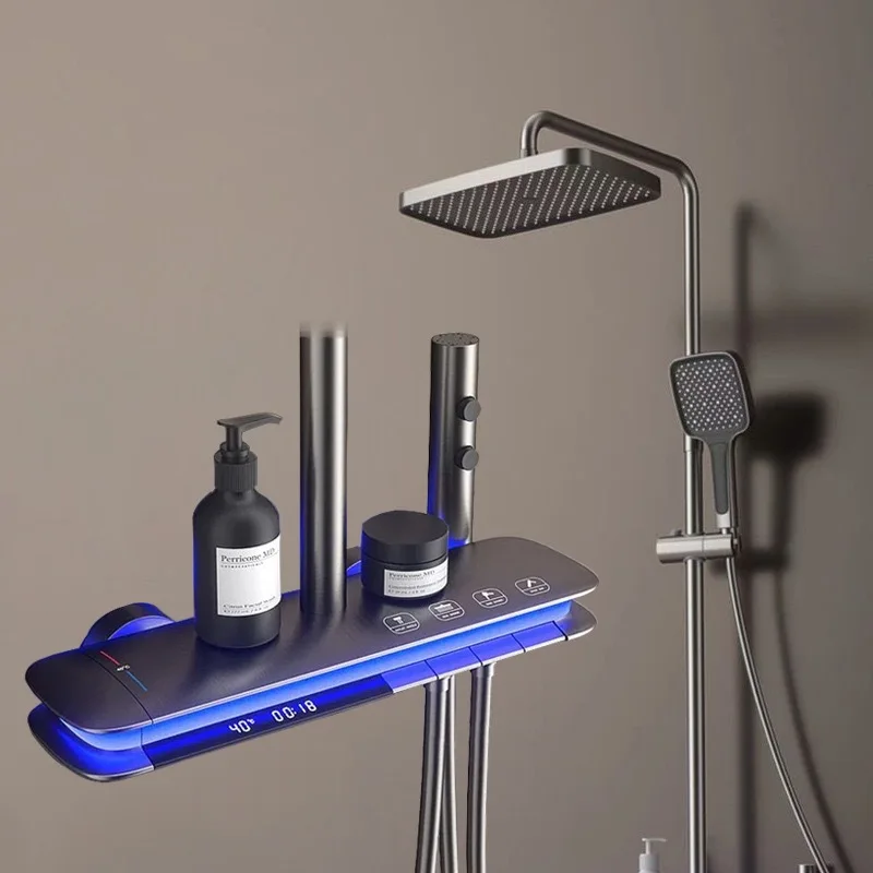 Shower Head Set, Gray, Digital Display, Separate Type, Bathroom Shower System, Rainfall Spray, Wall Mounted Faucet Fixtures