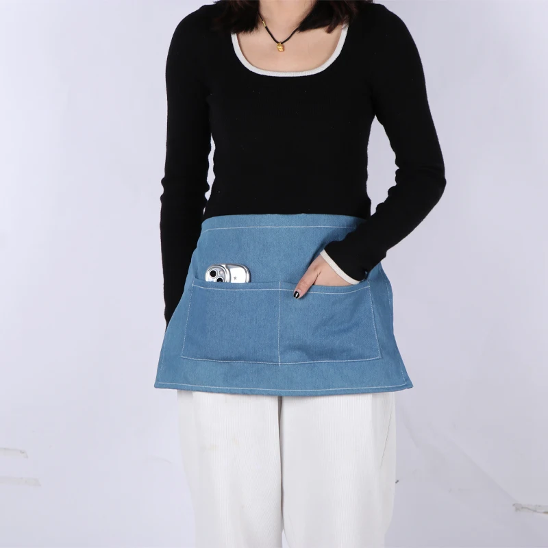 Style Blue Denim Waist Half Short Apron with Pockets Restaurant Waiters Waitress Chef Apron Kitchen Accessories