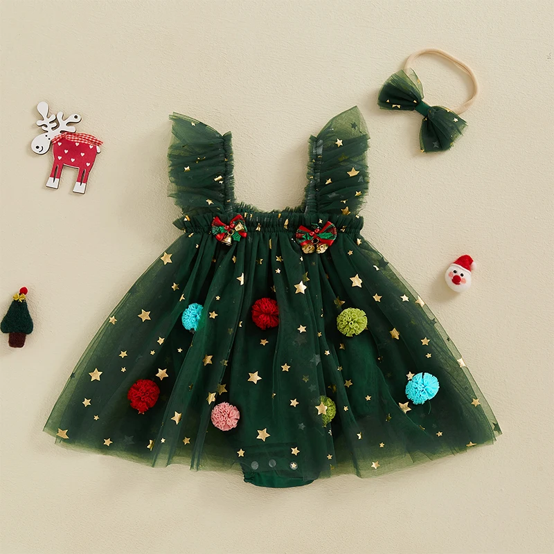 Baby Girls Rompers Dress Christmas Clothes Bobbles Bells Decor Mesh Skirts Hem Sleeveless Bodysuits with Headband