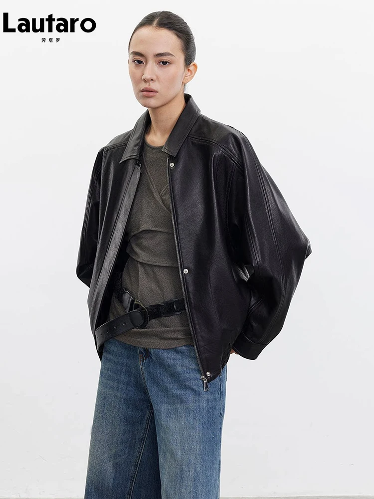 

Lautaro Spring Autumn Cool Retro Brown Soft Faux Leather Jackets for Women Turn-Down Collar Zipper Loose Casual Fashion Clothes