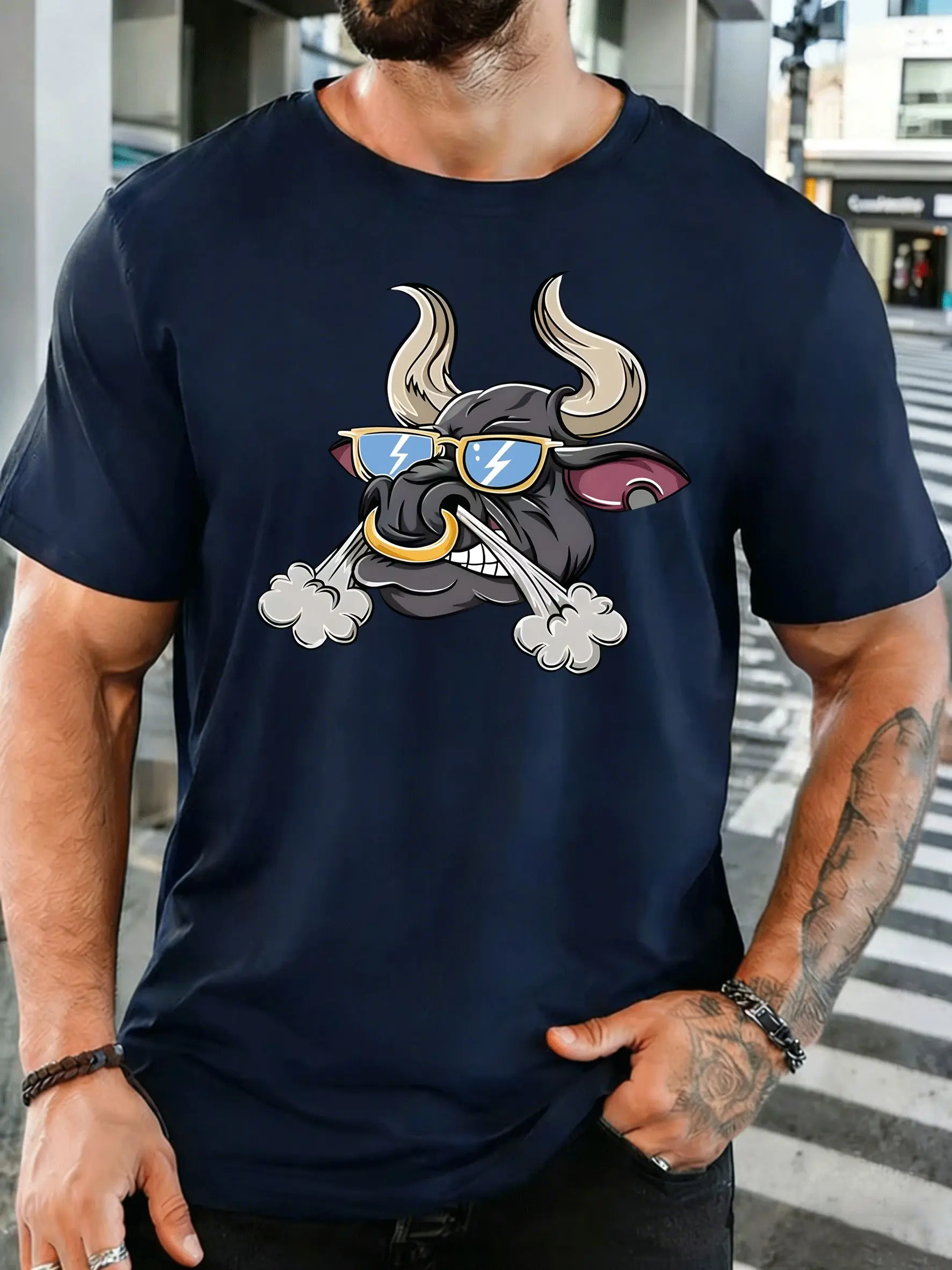 Cool Bull With Lightning Sunglasses Mens Front Print T Shirt Cartoon Animal Graphic Tee Casual Short Sleeve Top Bull Lover Gift