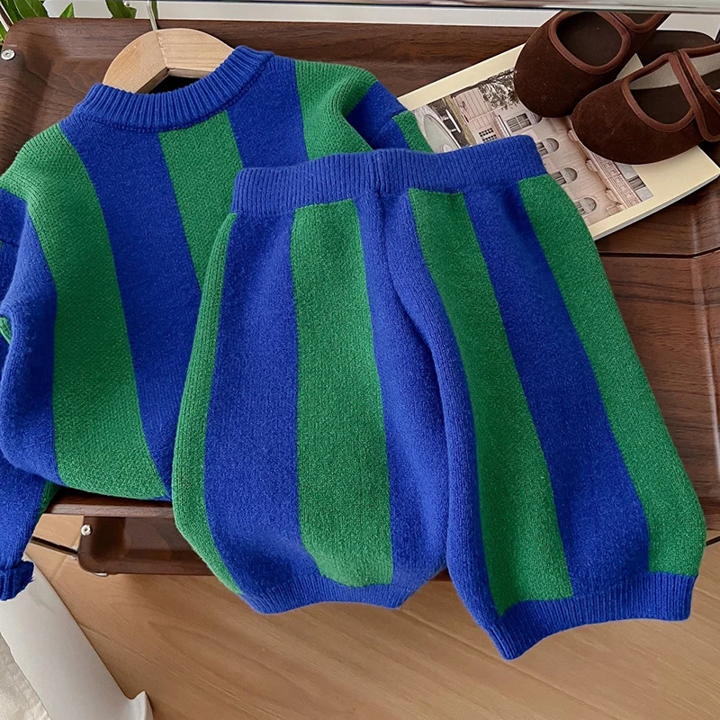 Primavera autunno bambini abbigliamento lavorato a maglia Set maglione Pullover a righe a maniche lunghe + pantaloncini neonati maschi vestiti per