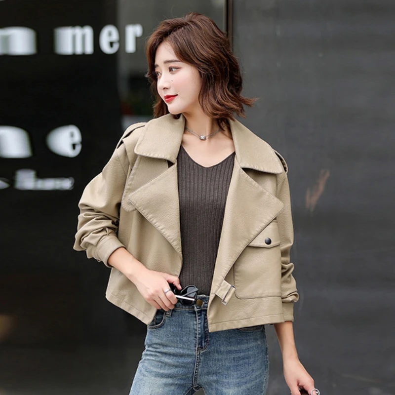 2024 Plus Size Korean Casual PU Leather Jacket Women's Autumn Winter New High-Quality Suit Collar Loose Slimming Short Coat Tide